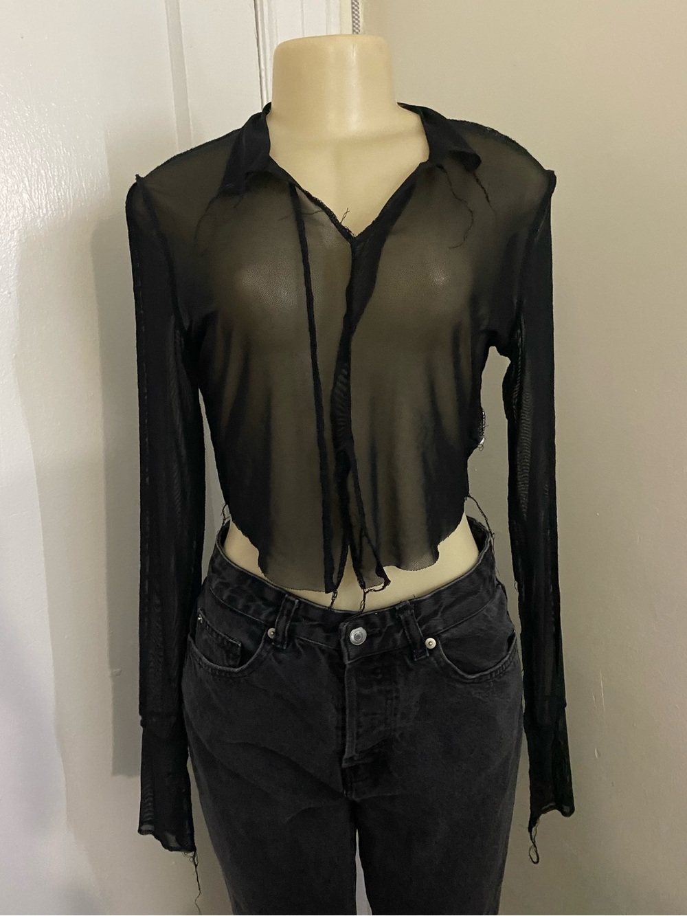 SHEIN Black Sheer Cropped Button-Down Top